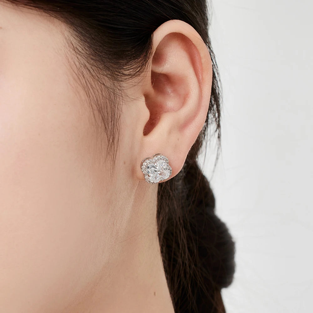JAC Silver Dazzling Fashion Fine Hypoallergenic Jewelry Women S925 Silver Rhodium Plated 5A Zirconia Four-leaf Clover Stud Earrings