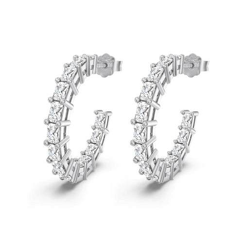 JAC Silver Stylish Jewellery C Shape Circle Hoop Stud Earrings Jewelry Accessories with Sterling Silver Baguette 5A Cubic Zirconia