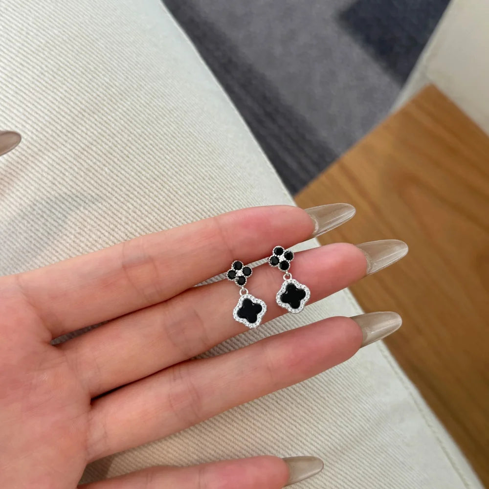 JAC Silver Personalized Design Hypoallergenic Rhodium Plated Sterling Silver Onyx 5A Zirconia Four Leaf Clover Lucky Stud Earrings