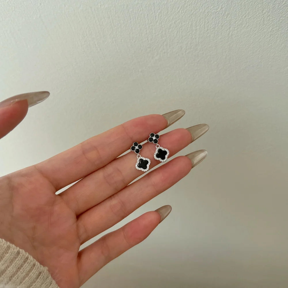 JAC Silver Personalized Design Hypoallergenic Rhodium Plated Sterling Silver Onyx 5A Zirconia Four Leaf Clover Lucky Stud Earrings