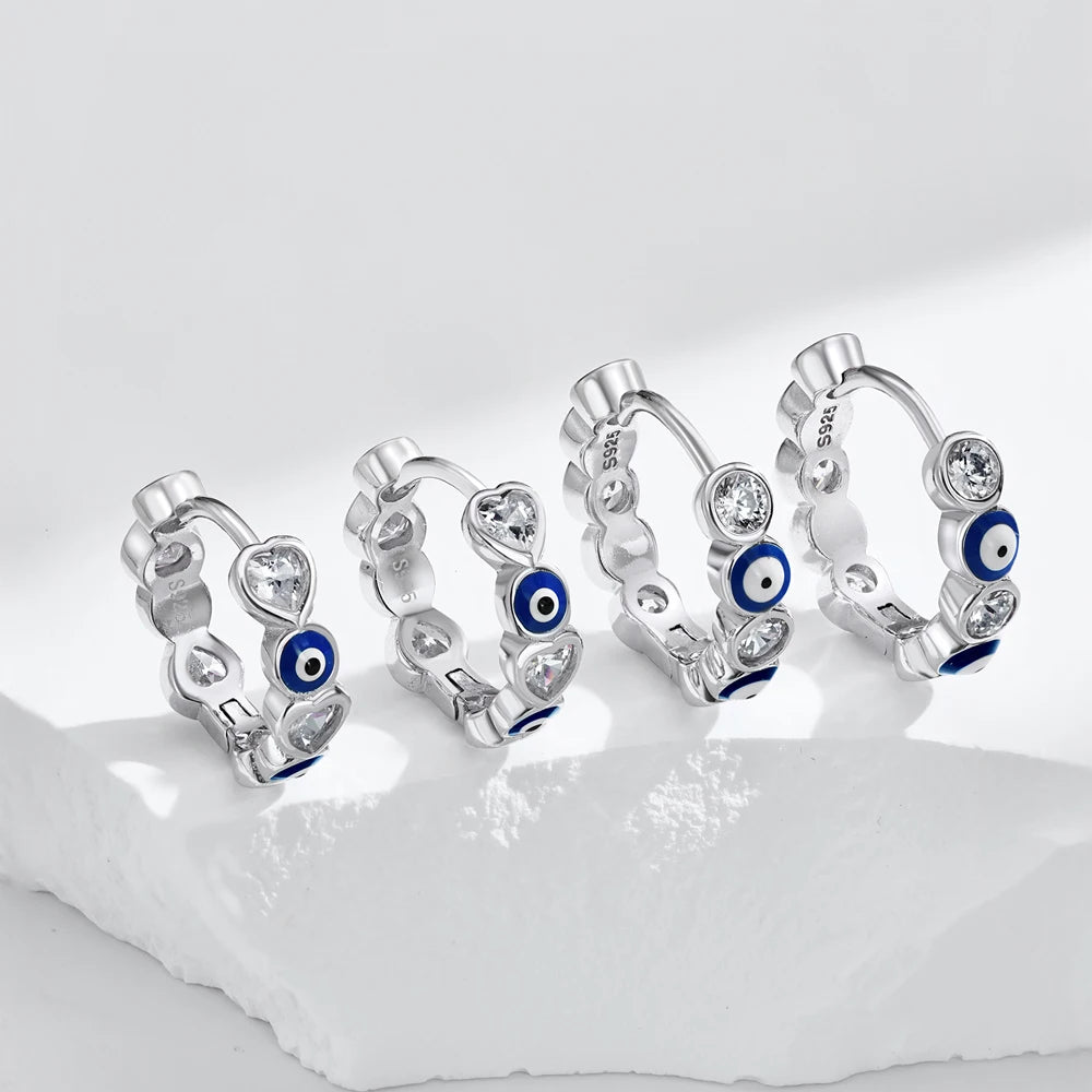 JAC Silver Tiny S925 Silver Evil Blue Eyes Enamel 5A Zirconia Faith Sapphire Spiritual Turkish Protection Hoop Earrings