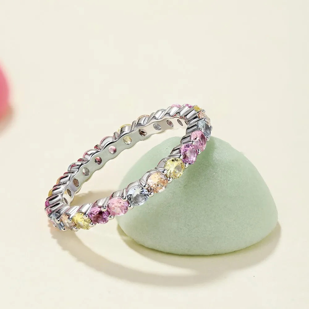 JAC Silver Ready to Ship Oem Odm S925 Sterling Silver Ring Band Rainbow Colorful Pink Diamond Cz Cubic Zirconia Rings Jewelry Women
