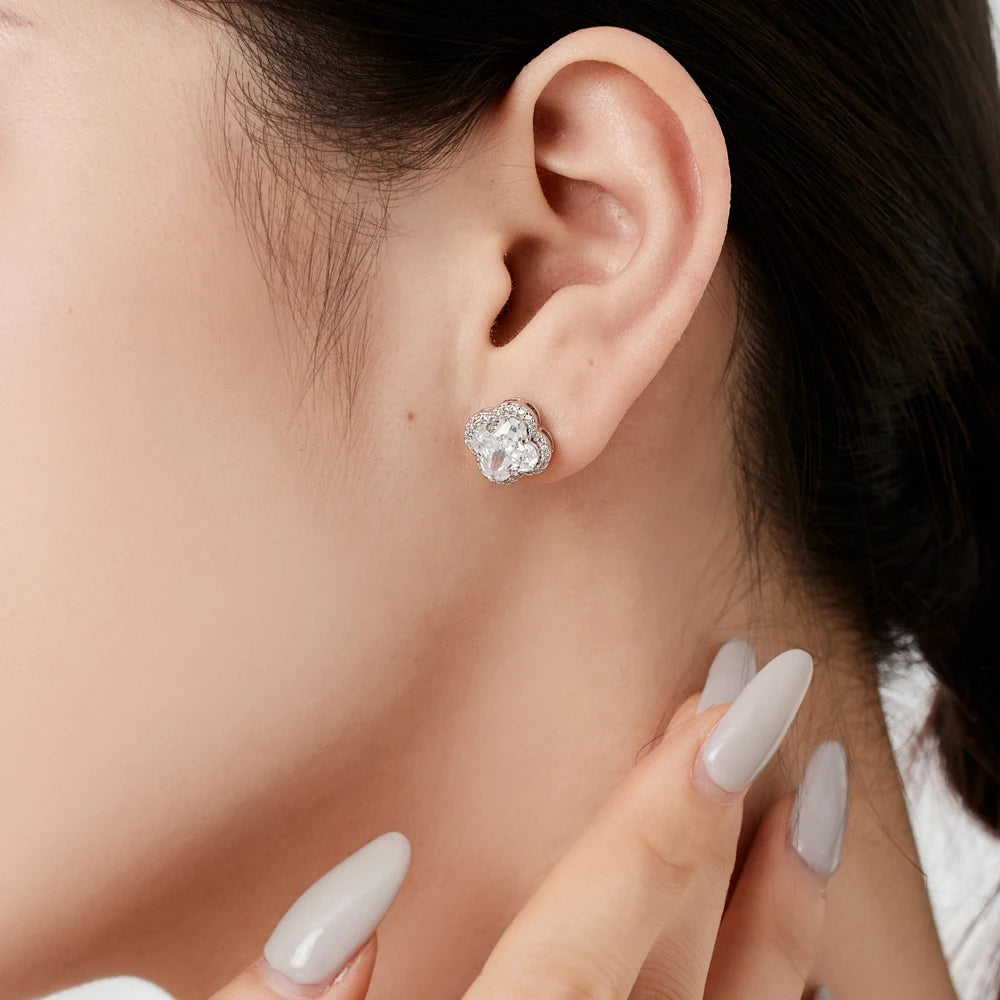 JAC Silver Dazzling Fashion Fine Hypoallergenic Jewelry Women S925 Silver Rhodium Plated 5A Zirconia Four-leaf Clover Stud Earrings