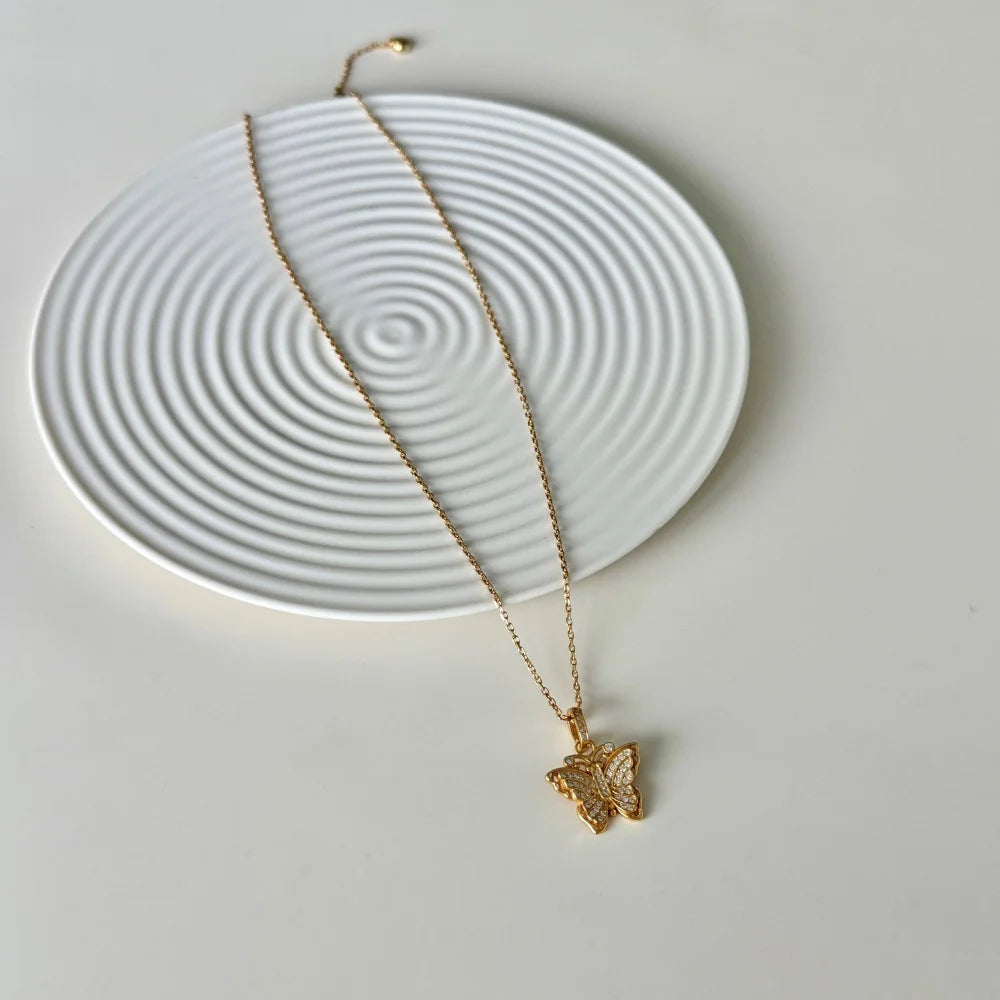 JAC Silver Butterfly Pendant Necklaces Gold Plated Sterling Silver Link Chain 5A Cubic Zirconia Butterfly Pendant Necklace for Women