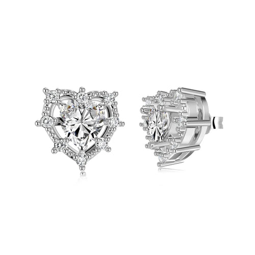 JAC Silver Personalized Sparkling 925 Sterling Silver Rhodium Plated Hollow Out Heart Shape 5A Cubic Zirconia Stud Earrings for Women