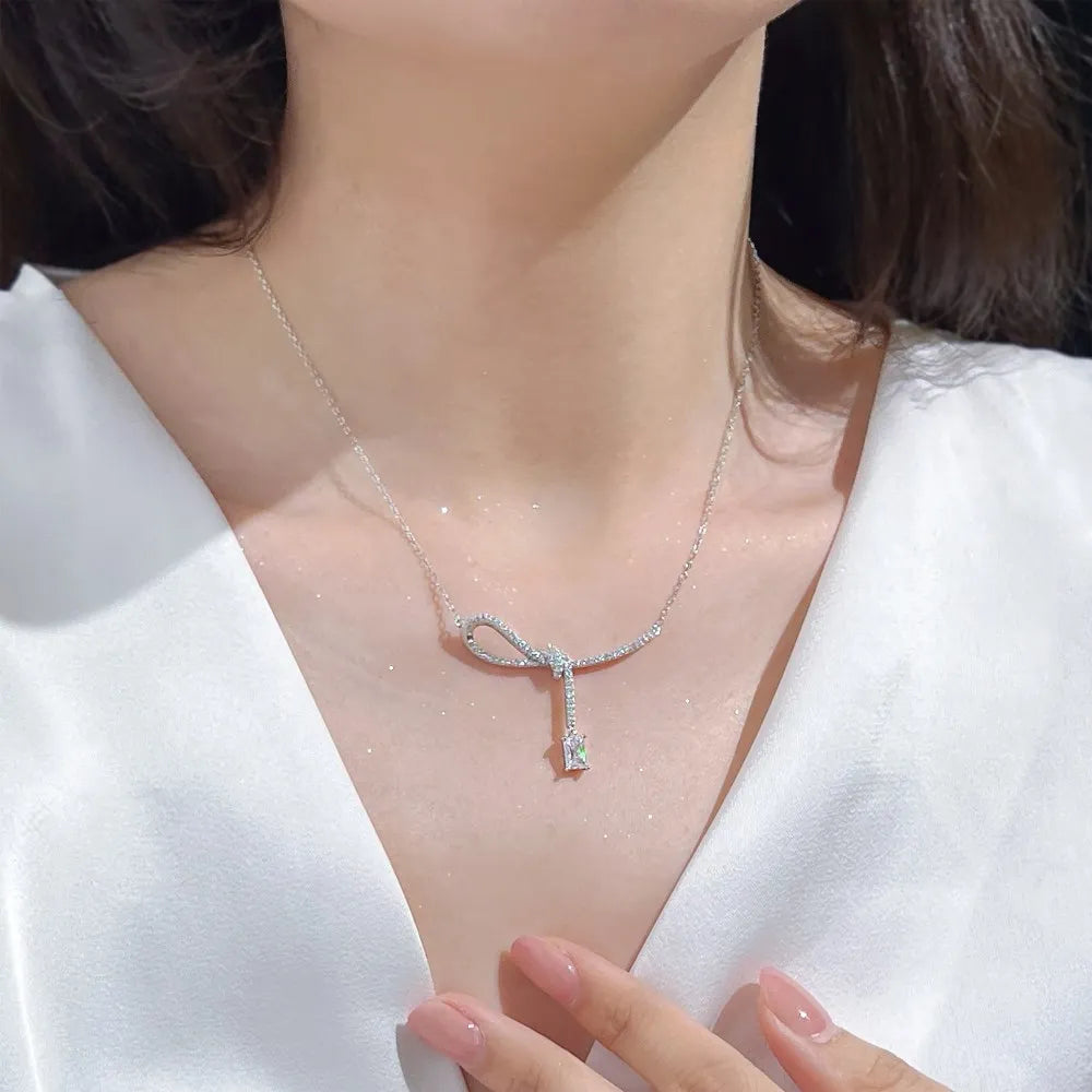 JAC Silver Elegance High Jewel Non Tarnish Non Fade 925 Silver Chain 5A Zirconia Bow-knot Pendant Necklace for Bridal Banquet Wear