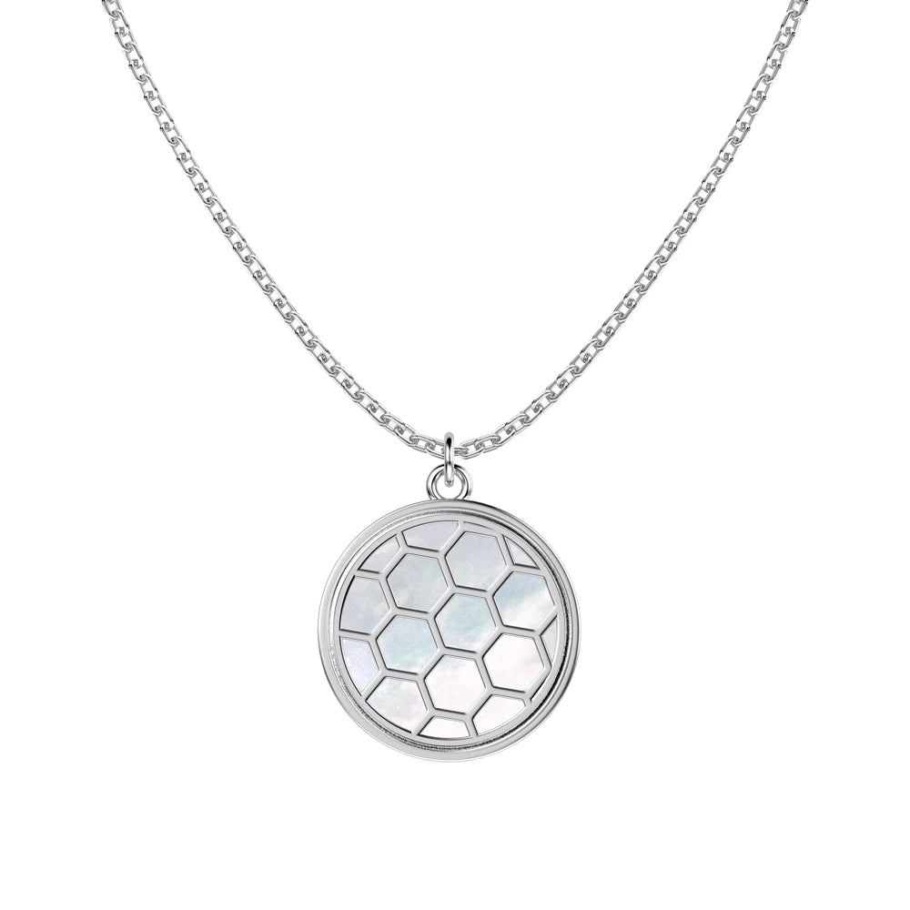 JAC Silver Dreamy Jewellery S925 Silver Rhodium 18K Gold Plated Link Chain Circle White Shell Hive Texture Pendant Necklace for Women