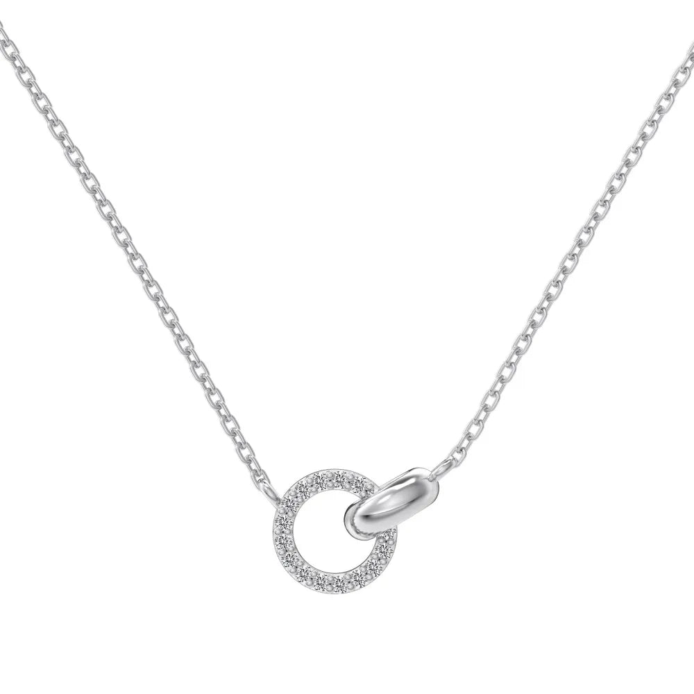 JAC Silver 925 Silver Link Chain 5A Cubic Zirconia Interlock Double Circle Pendant Necklace for Daily Accessories Jewelry