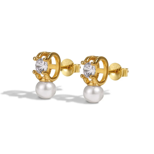 JAC Silver Exclusive Fashion Fine Women Jewelry S925 Silver 18K Gold Tarnish Free Horns 5A Zirconia Fresh Water Pearl Stud Earrings