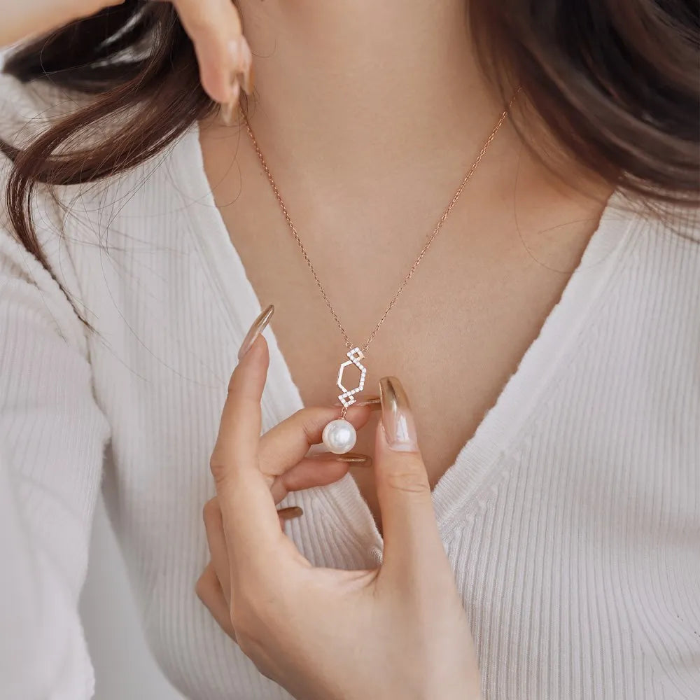 JAC Silver Elegant Design Women S925 Silver Rose Gold Plated Link Chain Diamond 5A Cubic Zirconia Dangle Pearl Pendant Necklace