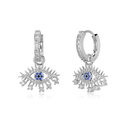 JAC Silver Punk Hip Hop Style Fashion 925 Sterling Silver Rhodium Plated 5A Cubic Zirconia Evil Blue Eyes Dangle Hoop Earrings