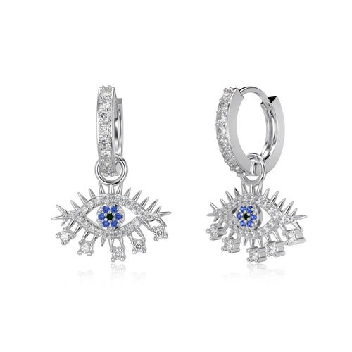 JAC Silver Punk Hip Hop Style Fashion 925 Sterling Silver Rhodium Plated 5A Cubic Zirconia Evil Blue Eyes Dangle Hoop Earrings