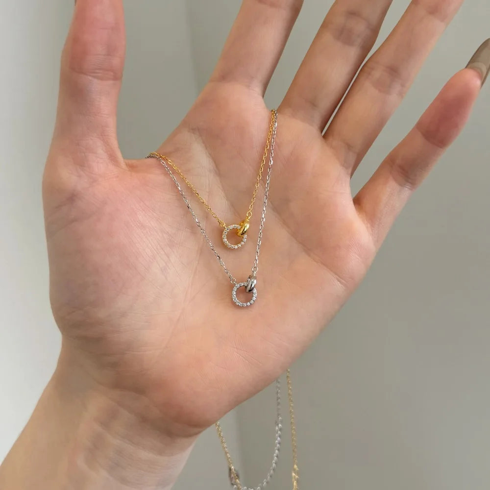 JAC Silver 925 Silver Link Chain 5A Cubic Zirconia Interlock Double Circle Pendant Necklace for Daily Accessories Jewelry