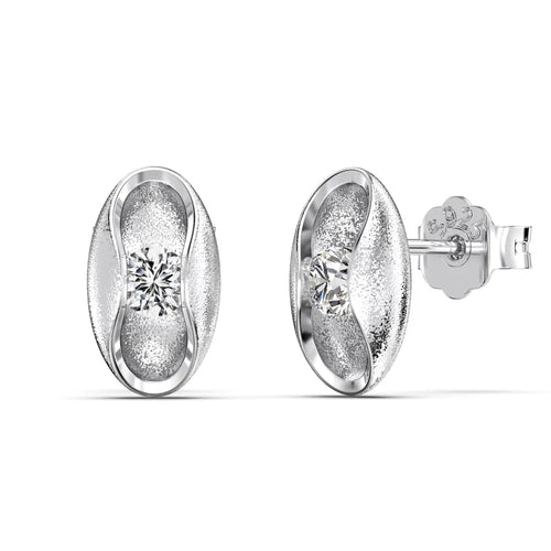 JAC Silver Unique Design 925 Sterling Silver Non Tarnish Non Fade Oval Shape Frosted Surface Circle 5A Cubic Zirconia Stud Earrings