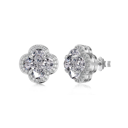 JAC Silver Dazzling Fashion Fine Hypoallergenic Jewelry Women S925 Silver Rhodium Plated 5A Zirconia Four-leaf Clover Stud Earrings