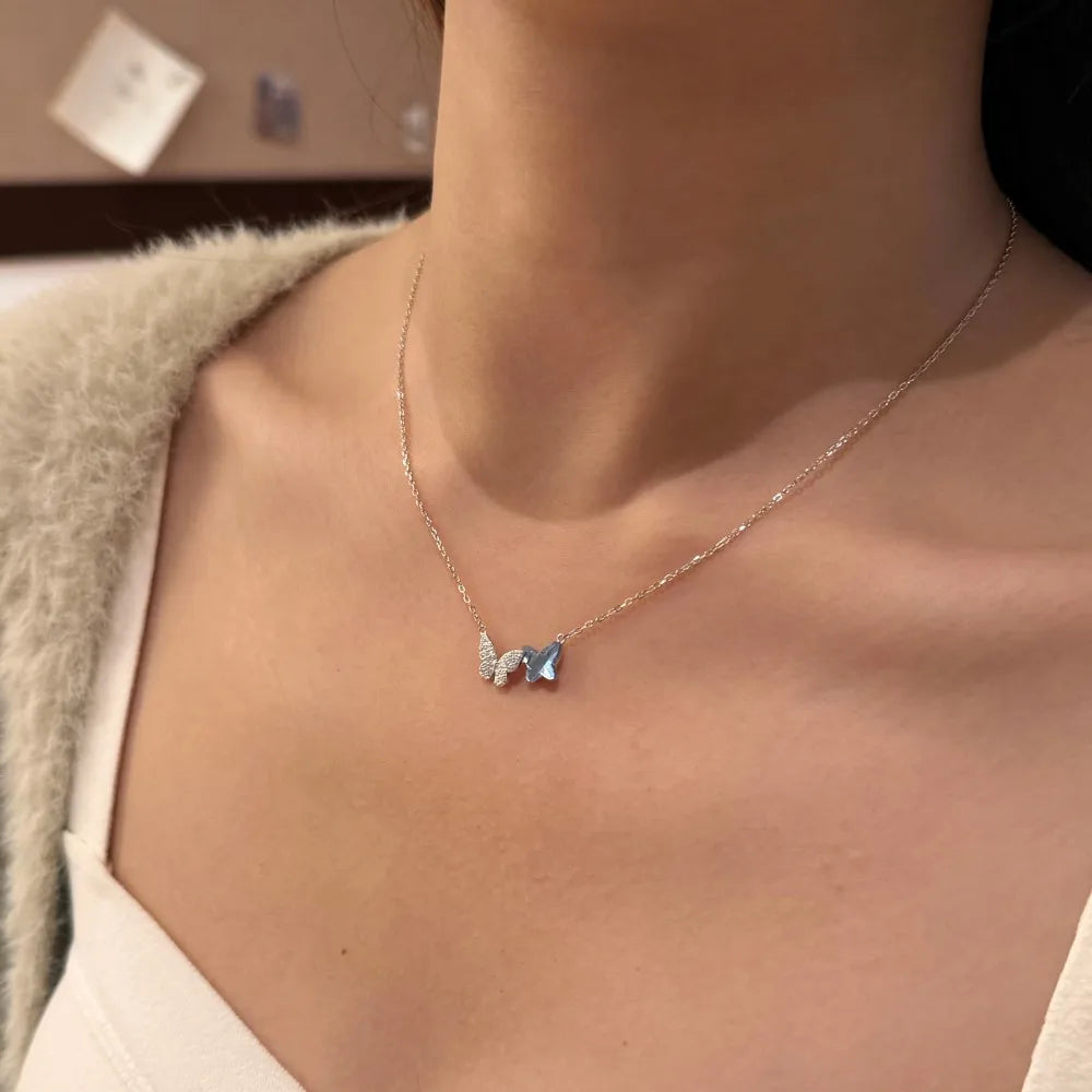 JAC Silver Unique Design S925 Silver Rhodium Plated Link Chain 5A Cubic Zirconia Austrian Crystal Butterfly Pendant Necklace