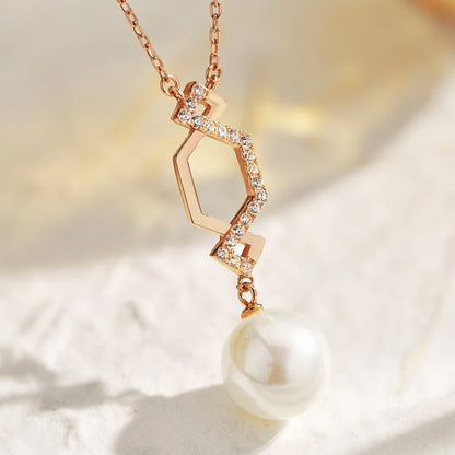 JAC Silver Elegant Design Women S925 Silver Rose Gold Plated Link Chain Diamond 5A Cubic Zirconia Dangle Pearl Pendant Necklace