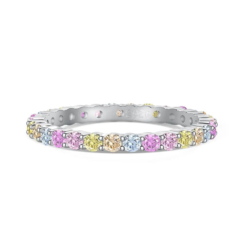 JAC Silver Ready to Ship Oem Odm S925 Sterling Silver Ring Band Rainbow Colorful Pink Diamond Cz Cubic Zirconia Rings Jewelry Women