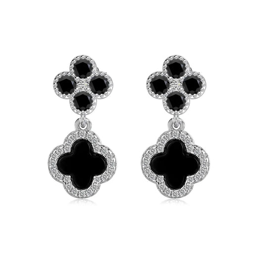 JAC Silver Personalized Design Hypoallergenic Rhodium Plated Sterling Silver Onyx 5A Zirconia Four Leaf Clover Lucky Stud Earrings