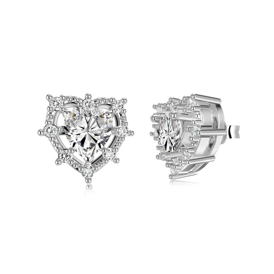 JAC Silver Personalized Sparkling 925 Sterling Silver Rhodium Plated Hollow Out Heart Shape 5A Cubic Zirconia Stud Earrings for Women