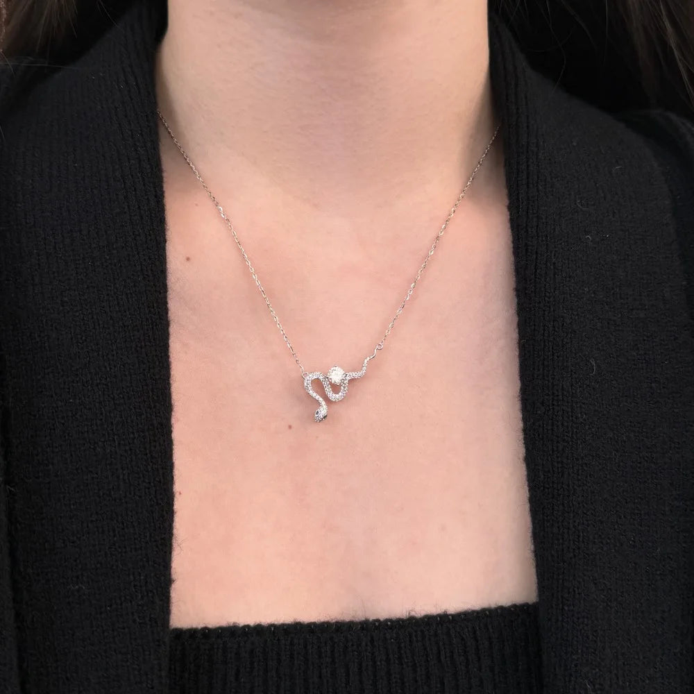 JAC Silver Dainty 925 Sterling Silver Rhodium Plated 5A Cubic Zirconia VVS1 D Color Moissanite Stone Snake Pendant Necklace for Women