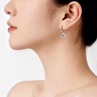JAC Silver Punk Hip Hop Style Fashion 925 Sterling Silver Rhodium Plated 5A Cubic Zirconia Evil Blue Eyes Dangle Hoop Earrings
