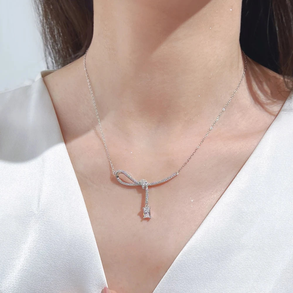JAC Silver Elegance High Jewel Non Tarnish Non Fade 925 Silver Chain 5A Zirconia Bow-knot Pendant Necklace for Bridal Banquet Wear