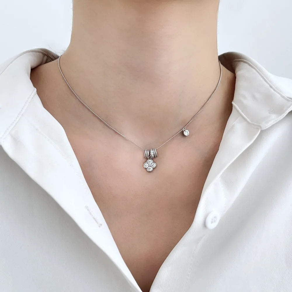 JAC Silver Dainty Design 925 Silver Rhodium  Plated Link Chain 5A Zirconia Four Leaf Clover Twisted Circle Pendant Necklaces
