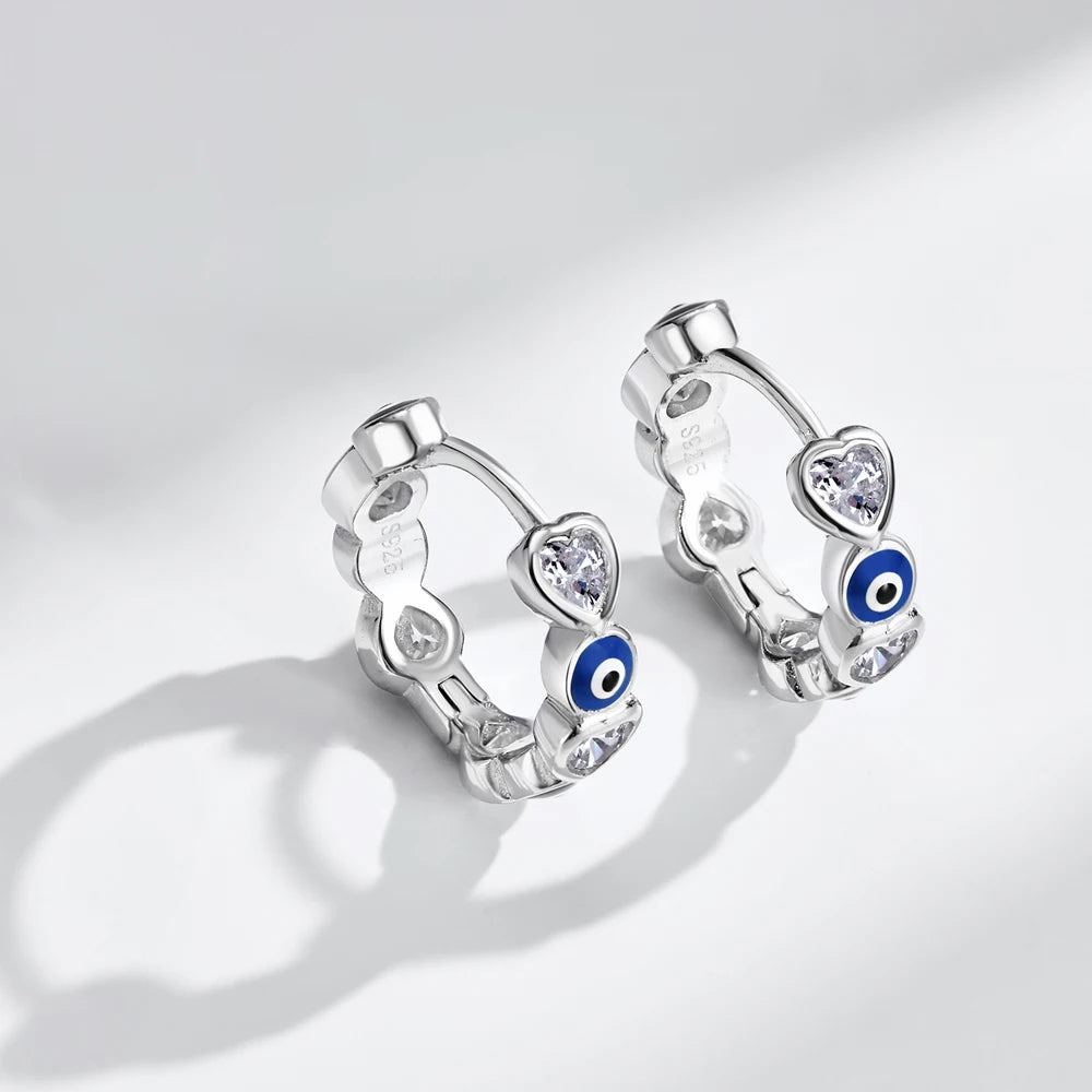 JAC Silver Tiny S925 Silver Evil Blue Eyes Enamel 5A Zirconia Faith Sapphire Spiritual Turkish Protection Hoop Earrings