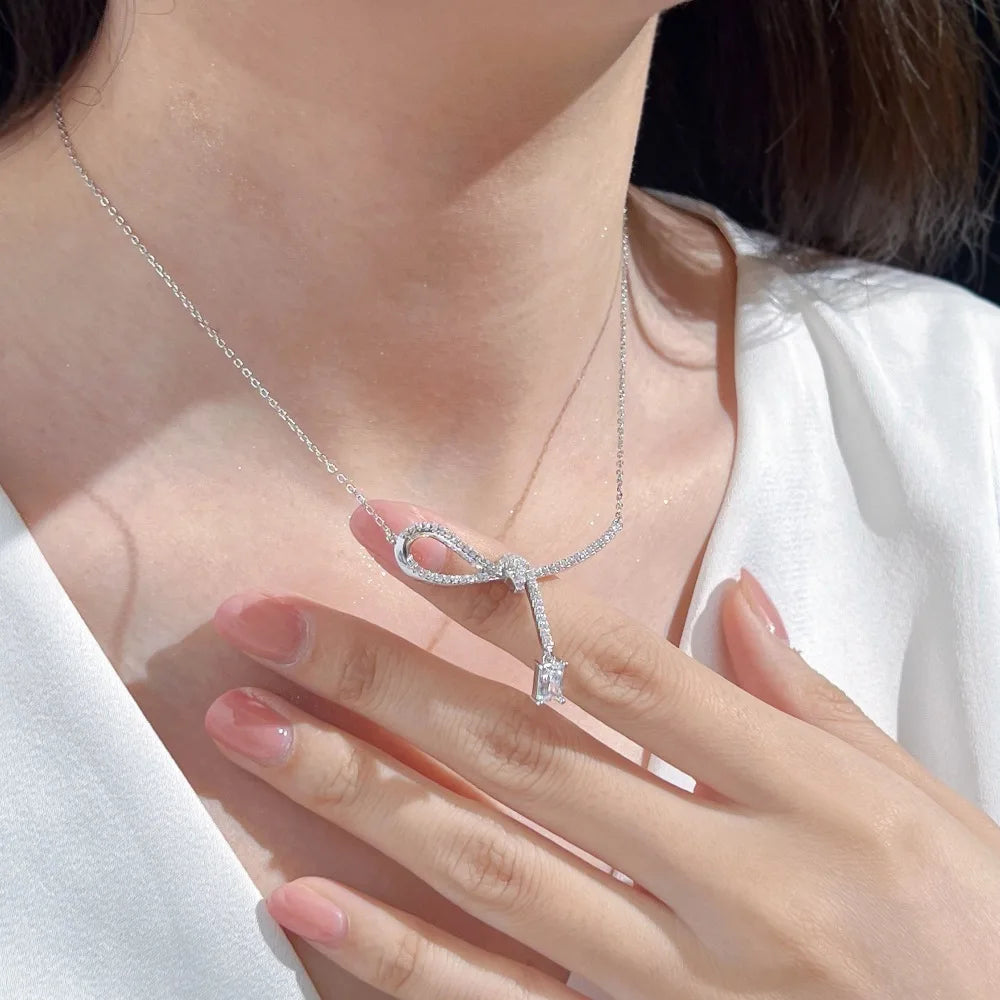 JAC Silver Elegance High Jewel Non Tarnish Non Fade 925 Silver Chain 5A Zirconia Bow-knot Pendant Necklace for Bridal Banquet Wear