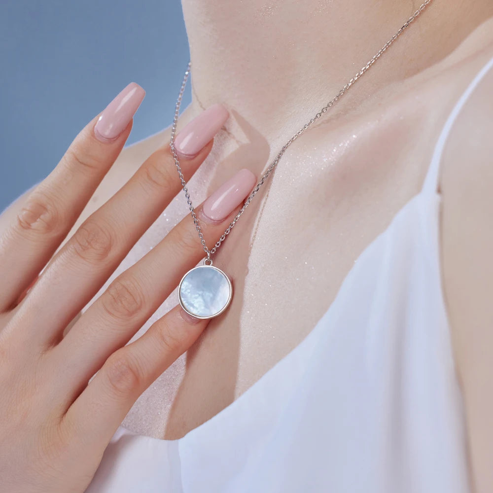 JAC Silver Dreamy Jewellery S925 Silver Rhodium 18K Gold Plated Link Chain Circle White Shell Hive Texture Pendant Necklace for Women