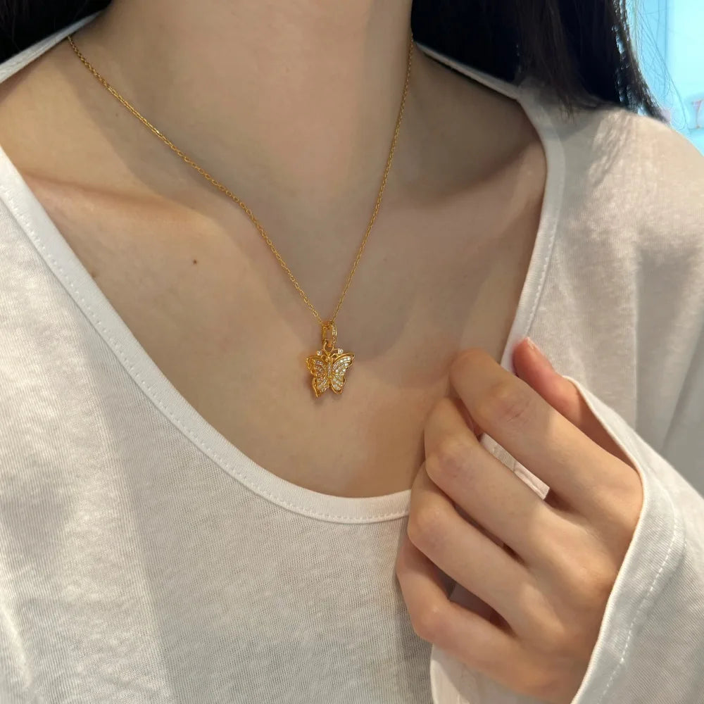 JAC Silver Butterfly Pendant Necklaces Gold Plated Sterling Silver Link Chain 5A Cubic Zirconia Butterfly Pendant Necklace for Women