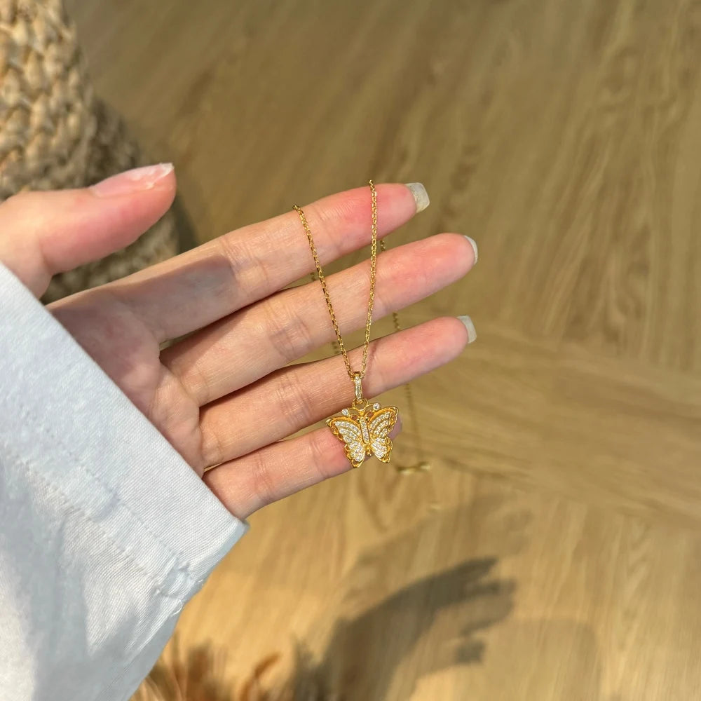 JAC Silver Butterfly Pendant Necklaces Gold Plated Sterling Silver Link Chain 5A Cubic Zirconia Butterfly Pendant Necklace for Women