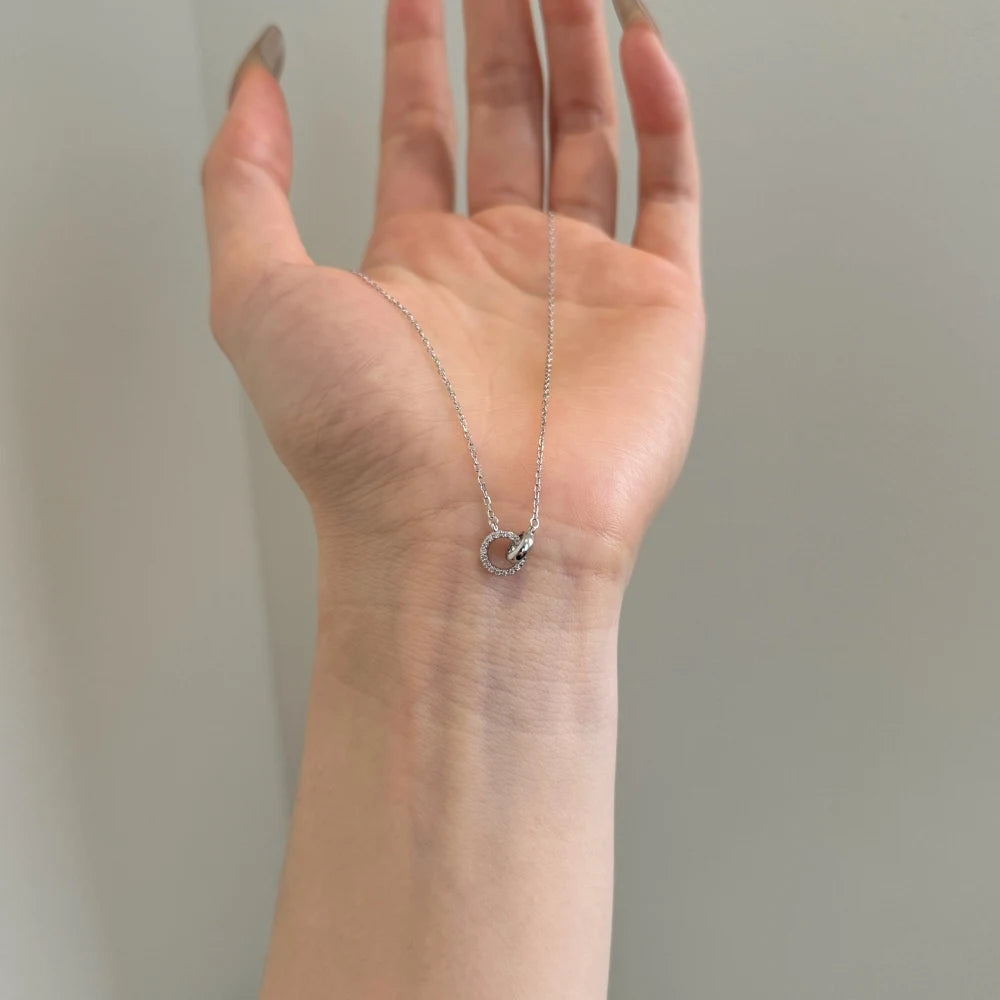 JAC Silver 925 Silver Link Chain 5A Cubic Zirconia Interlock Double Circle Pendant Necklace for Daily Accessories Jewelry