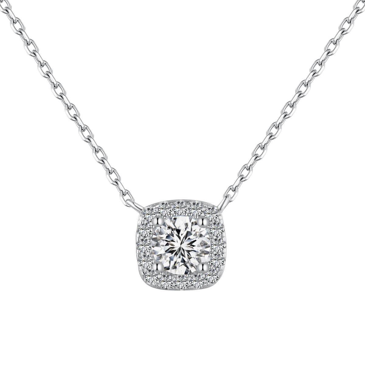 Jac Silver 925 Silver Elegant Cushion Halo Pendant Necklace with 0.5 Carat Round 5A Zircon