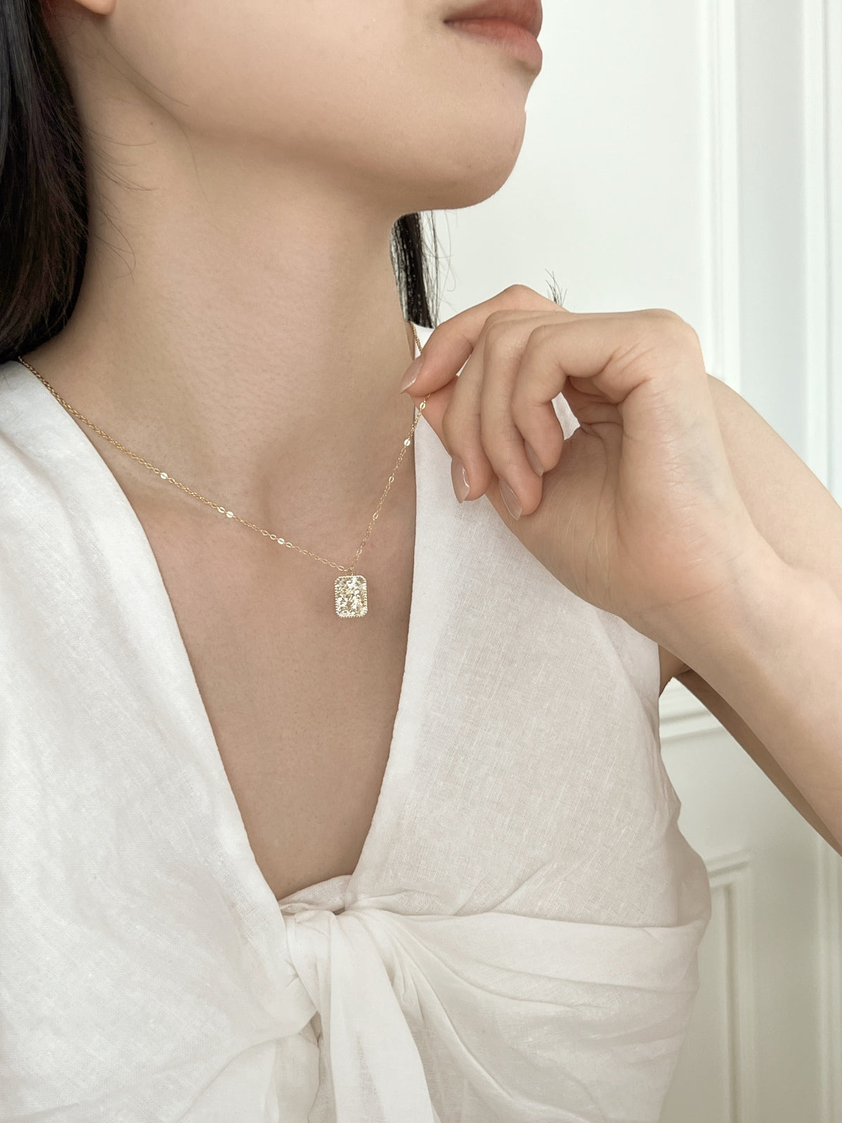 Jac Silver 14K Gold Plated Textured Rectangle Pendant Necklace – 925 Sterling Silver Base