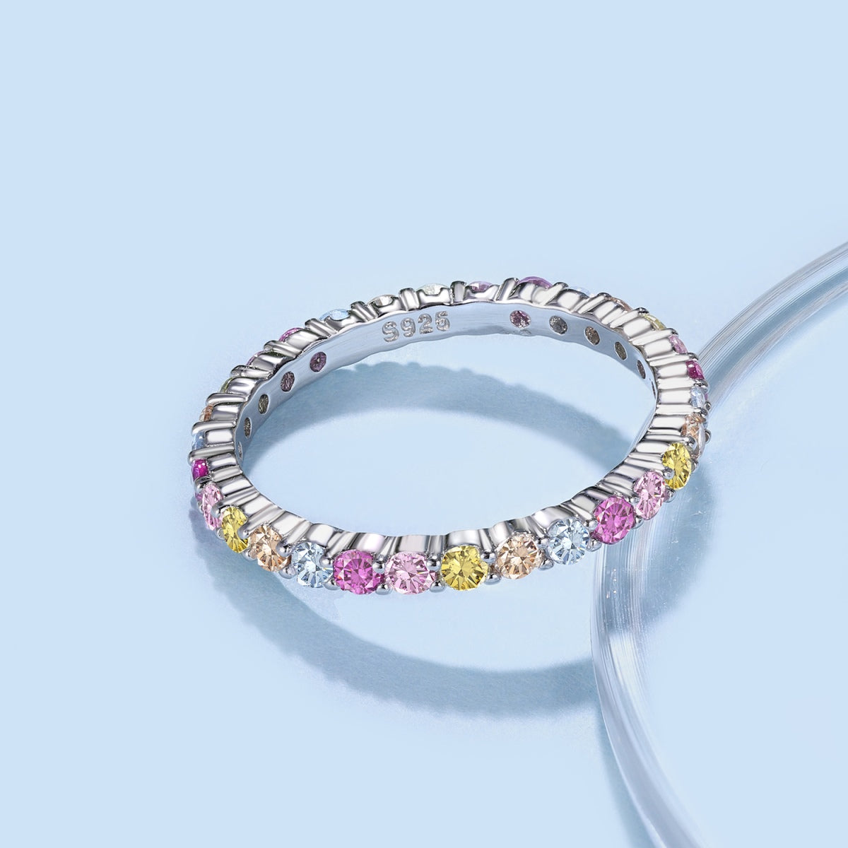 JAC Silver Ready to Ship Oem Odm S925 Sterling Silver Ring Band Rainbow Colorful Pink Diamond Cz Cubic Zirconia Rings Jewelry Women