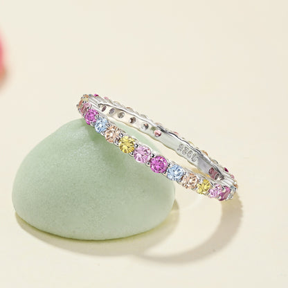 JAC Silver Ready to Ship Oem Odm S925 Sterling Silver Ring Band Rainbow Colorful Pink Diamond Cz Cubic Zirconia Rings Jewelry Women