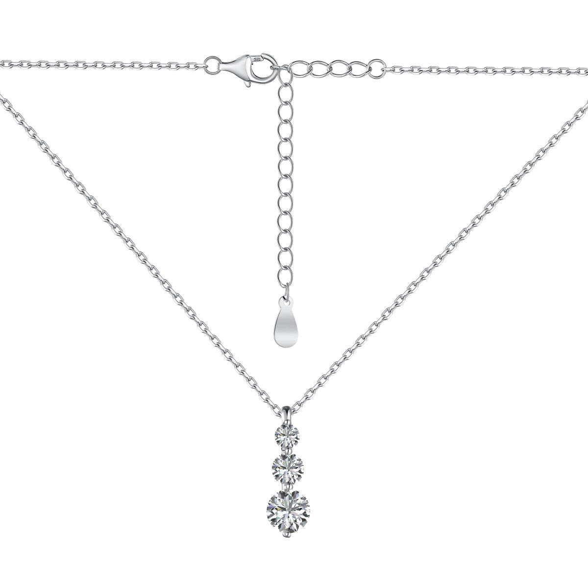 Jac Silver 925 Sterling Silver Three-Stone Drop Pendant Necklace with 5A Zircon