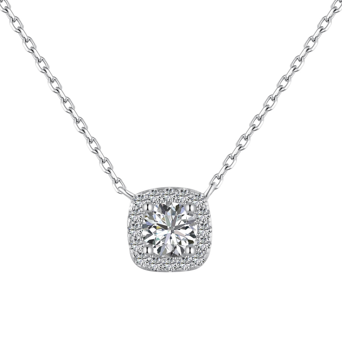 Jac Silver 925 Silver Elegant Cushion Halo Pendant Necklace with 0.5 Carat Round 5A Zircon