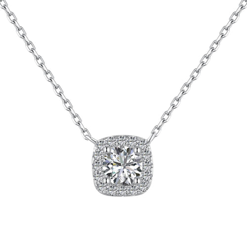Jac Silver 925 Silver Elegant Cushion Halo Pendant Necklace with 0.5 Carat Round 5A Zircon