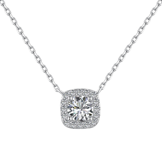 Jac Silver 925 Silver Elegant Cushion Halo Pendant Necklace with 0.5 Carat Round 5A Zircon